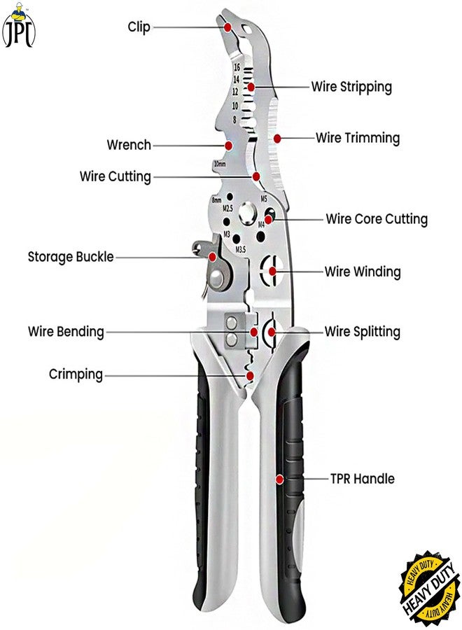 JPT أداة JPT متعددة الوظائف شديدة التحمل لتقشير وتجعيد الأسلاك - مصنوعة من فولاذ الكروم والفاناديوم، بمقبض مريح من مادة TPR، وقاطعة أسلاك كهربائية دقيقة، وأداة تجعيد أطراف الأسلاك للكهربائيين المحترفين - Image 3
